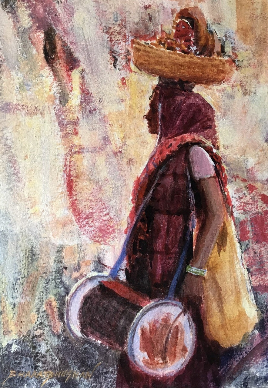 Untitled 4' figurative acrylic painting by artist Bharatbhushan Hogade, 19x12 inch, on handmade paper