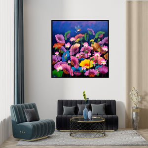 Preview of 'Untitled 4 (Serene Lotus Pond)' Painting by Nur Ali shown on a wall in a furnished room.