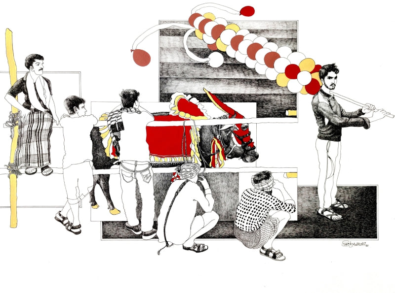 Untitled 4' figurative mixed-media painting by artist Satish Multhalli, 20x26 inch, on canson paper