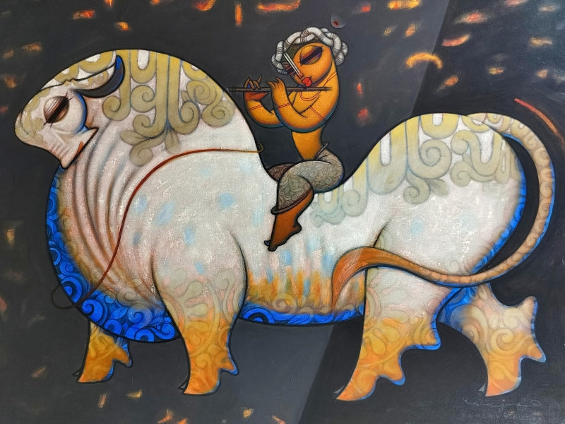 'Untitled 4' religious acrylic painting by artist Ramesh Gujar, 43x60 inch, on canvas