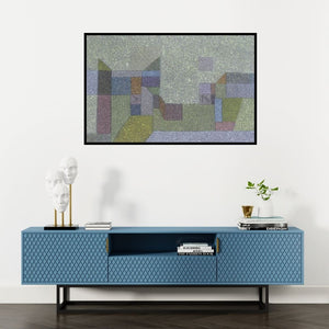 Preview of 'Untitled 4 (Abstract Urban)' Painting by Ganesh Chavan shown on a wall in a furnished room.