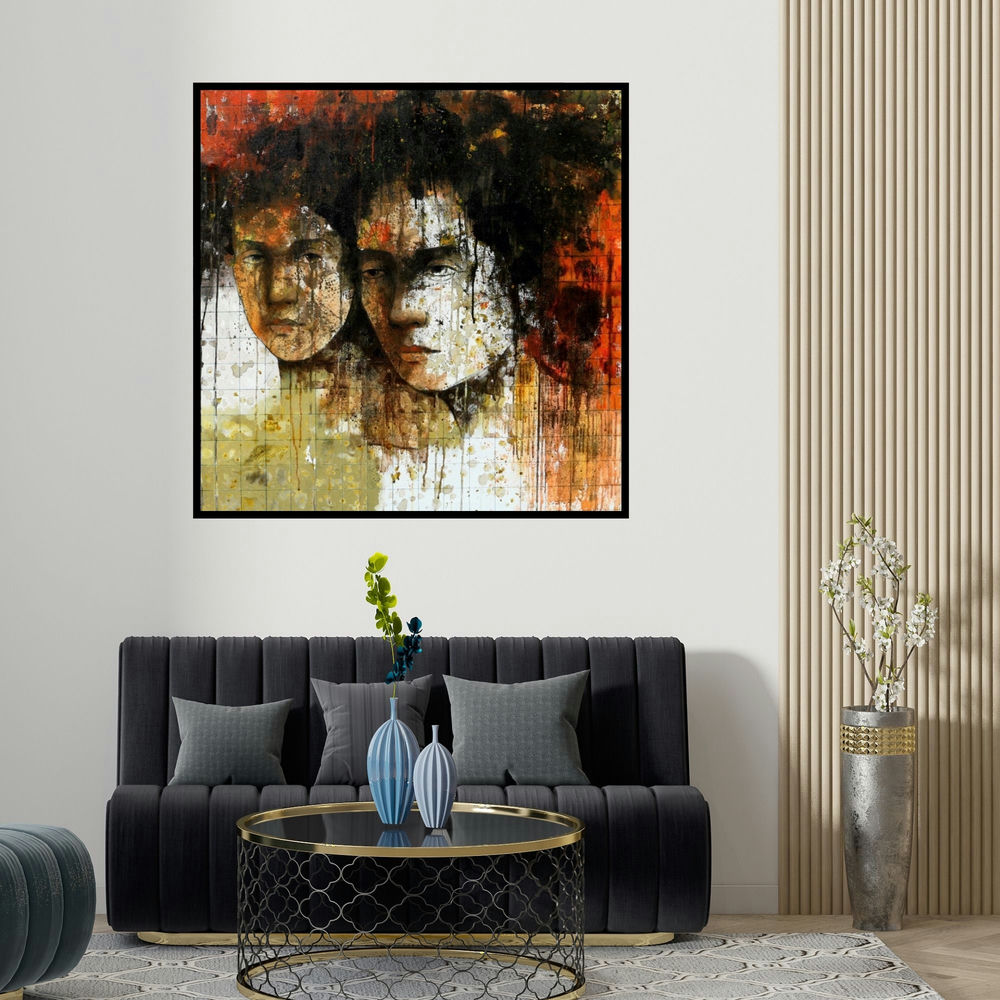 Swati Sable's 'Untitled 4 (Two Figures)' painting visualized above a sofa in a contemporary room.