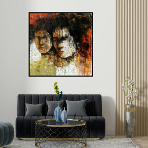 Swati Sable's 'Untitled 4 (Two Figures)' painting visualized above a sofa in a contemporary room.