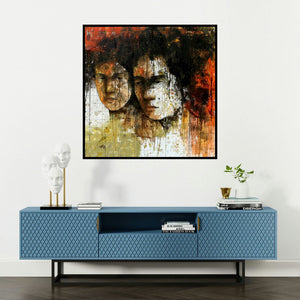 'Untitled 4 (Two Figures)' painting by Swati Sable shown on a wall in a furnished room.