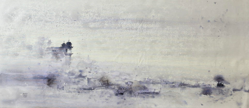 Untitled 4' landscape acrylic painting by artist Rupesh Sonar, 19x43 inch, on canvas