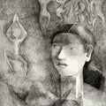 Untitled 4' figurative pen drawing by artist Swati Sabane, 24x18 inch, on canvas