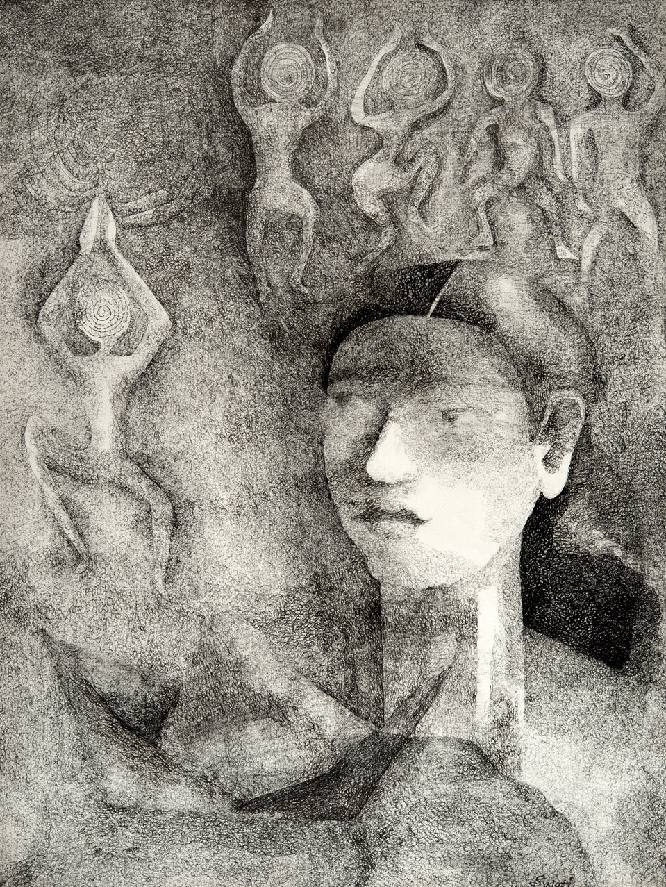 Untitled 4' figurative pen drawing by artist Swati Sabane, 24x18 inch, on canvas