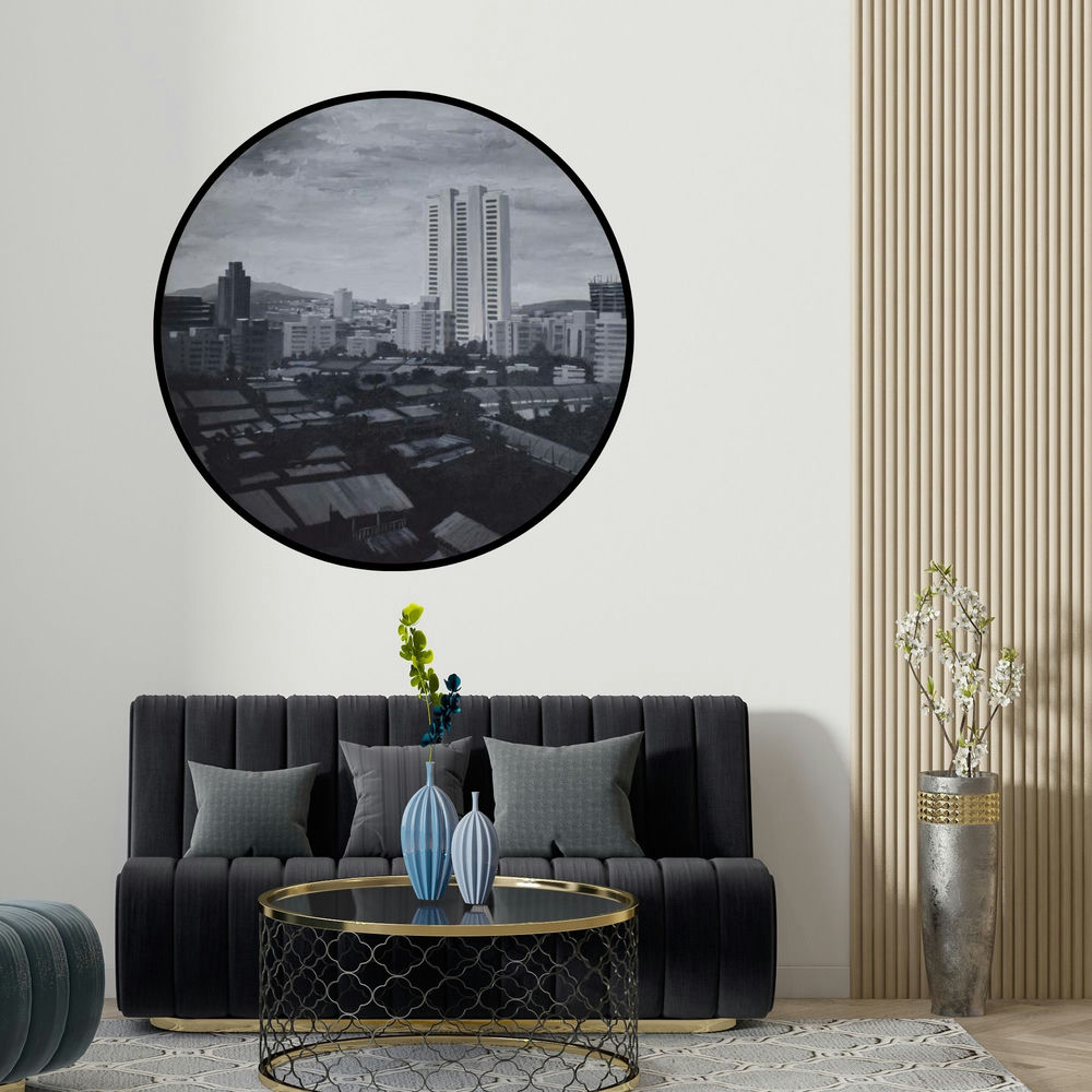 Ritesh Chopda's 'Untitled 4 (Cityscape in a Circle)' painting visualized above a sofa in a contemporary room.
