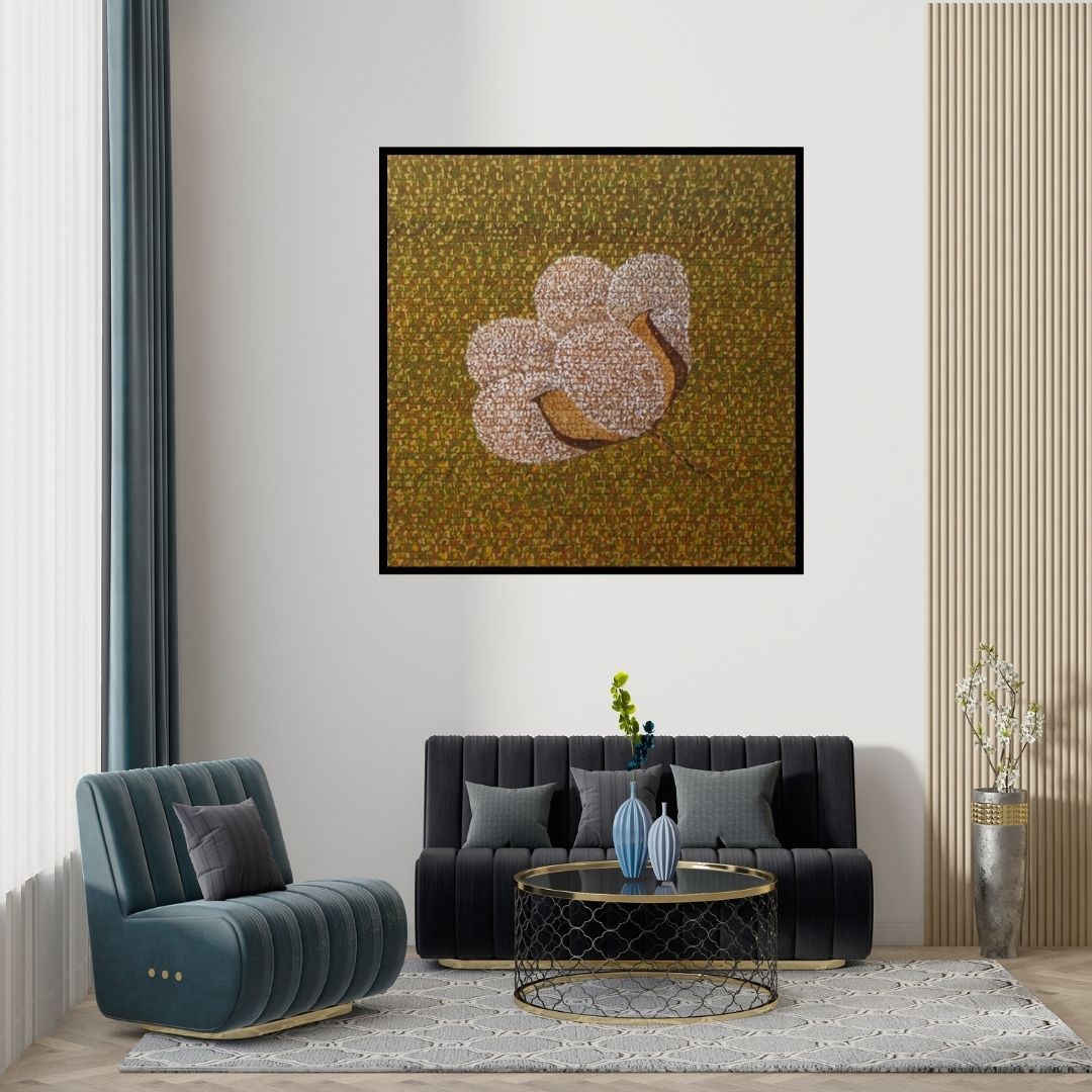 Preview of 'Untitled 4' Painting by Kuldeep Karagaonkar shown on a wall in a furnished room.