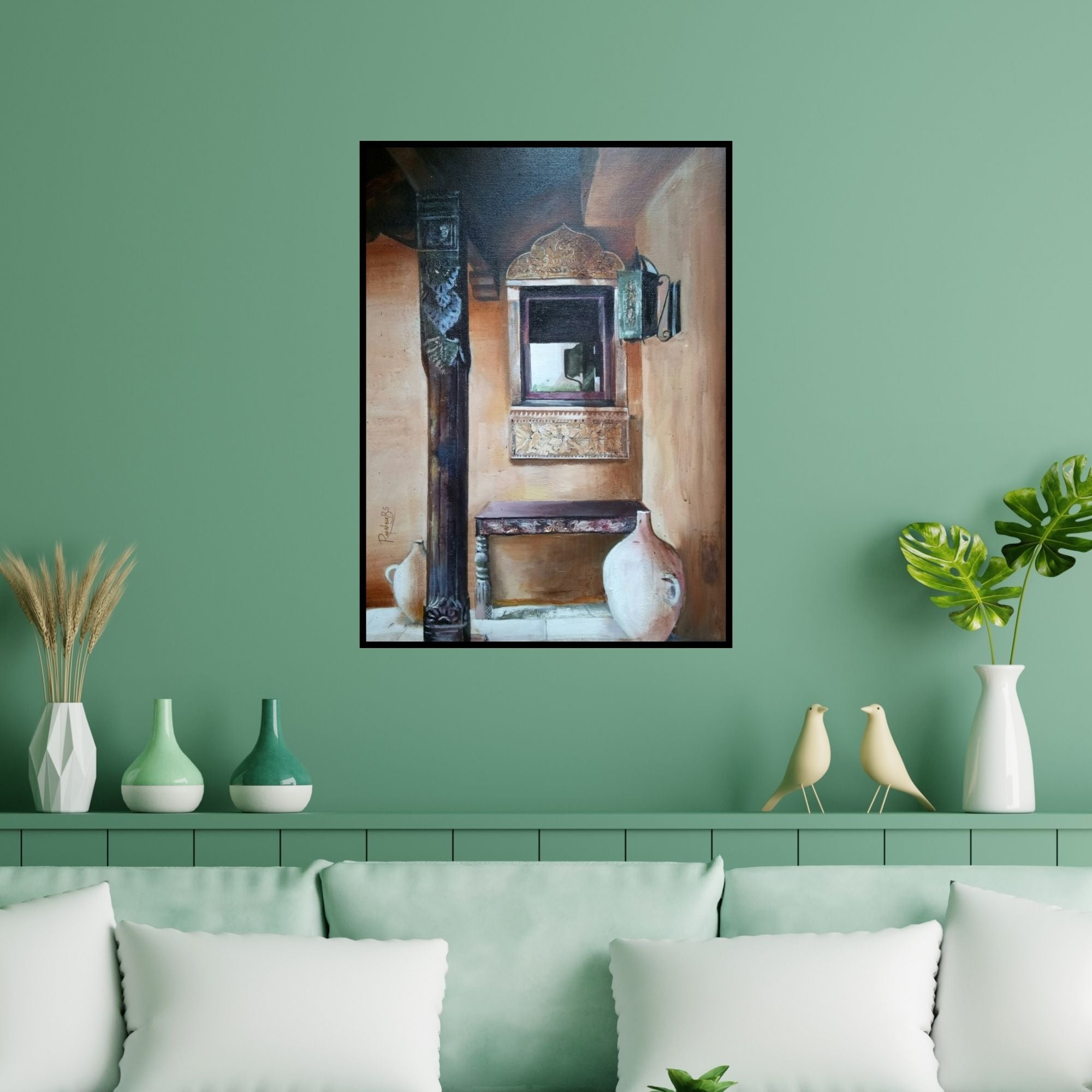 Preview of 'Untitled 4 (Courtyard Harmony)' Painting by Rajashree Sutar shown on a wall in a furnished room.