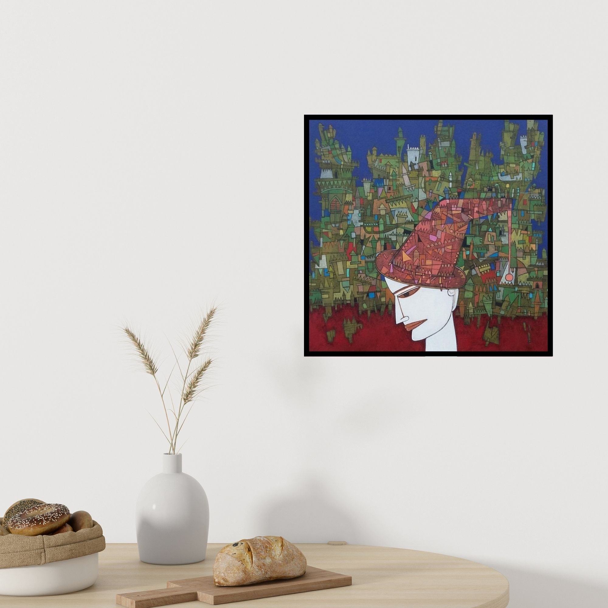 Preview of 'Untitled 4 (Urban Headgear)' Painting by Biswajit Mondal shown on a wall in a furnished room.