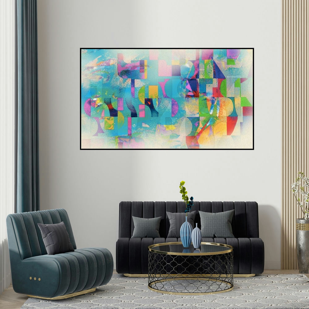 Sunil Balkawade's 'Untitled 4 (Abstract Alphabet)' painting visualized above a sofa in a contemporary room.