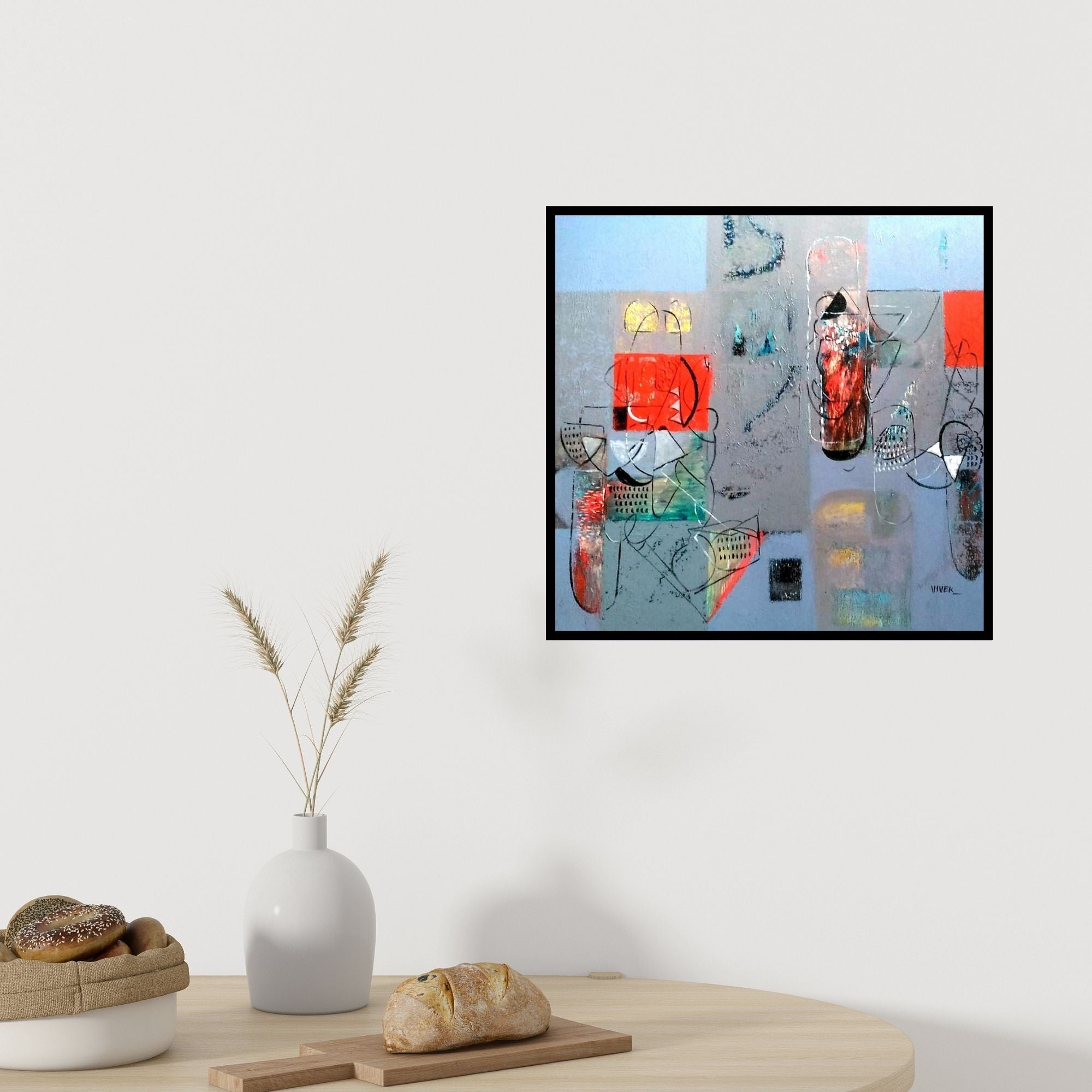 Preview of 'Untitled 4 (Blue and Gray Composition)' Painting by Vivek Nimbolkar shown on a wall in a furnished room.