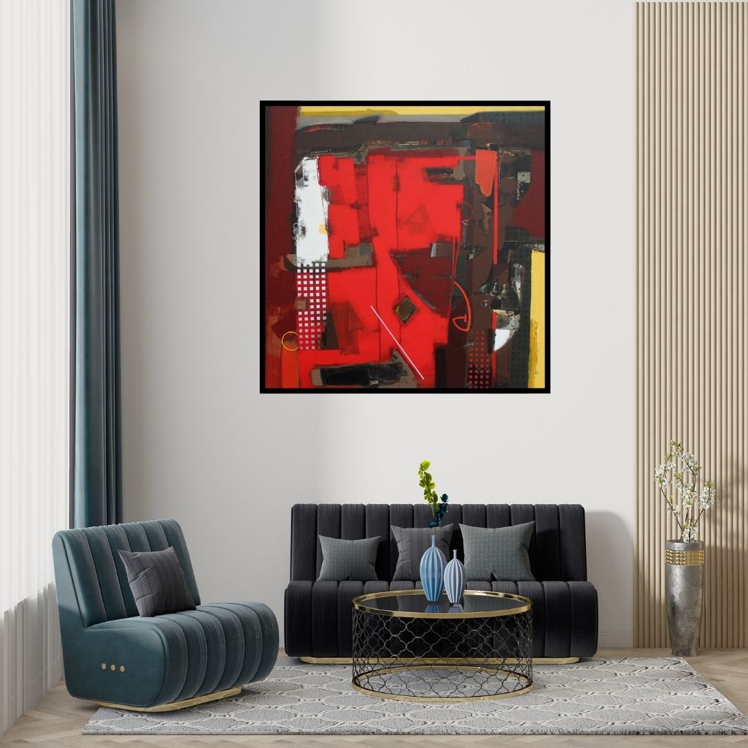 Preview of 'Untitled 4' Painting by Sachin Pakhale shown on a wall in a furnished room.