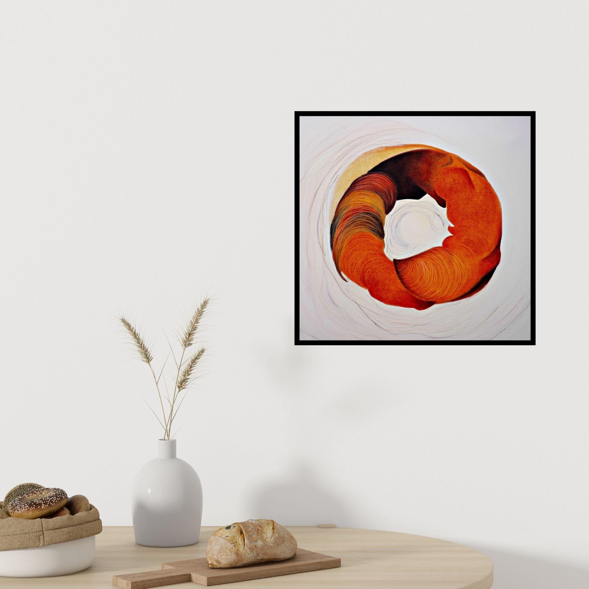 Preview of 'Untitled 4 (Crimson Vortex)' Painting by Seema Kadam shown on a wall in a furnished room.