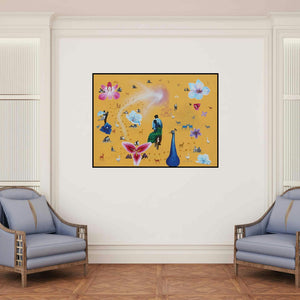 'Untitled 4 (Melody of India)' painting by Rawindra Das shown on a wall in a furnished room.