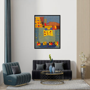 Preview of 'Untitled 4 (Urban Tapestry)' Painting by Sunil Ningule shown on a wall in a furnished room.