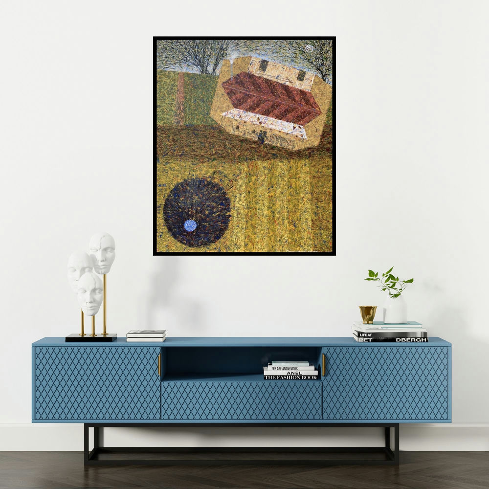 Suraj Lohar's 'Untitled 4' painting visualized above a sofa in a contemporary room.