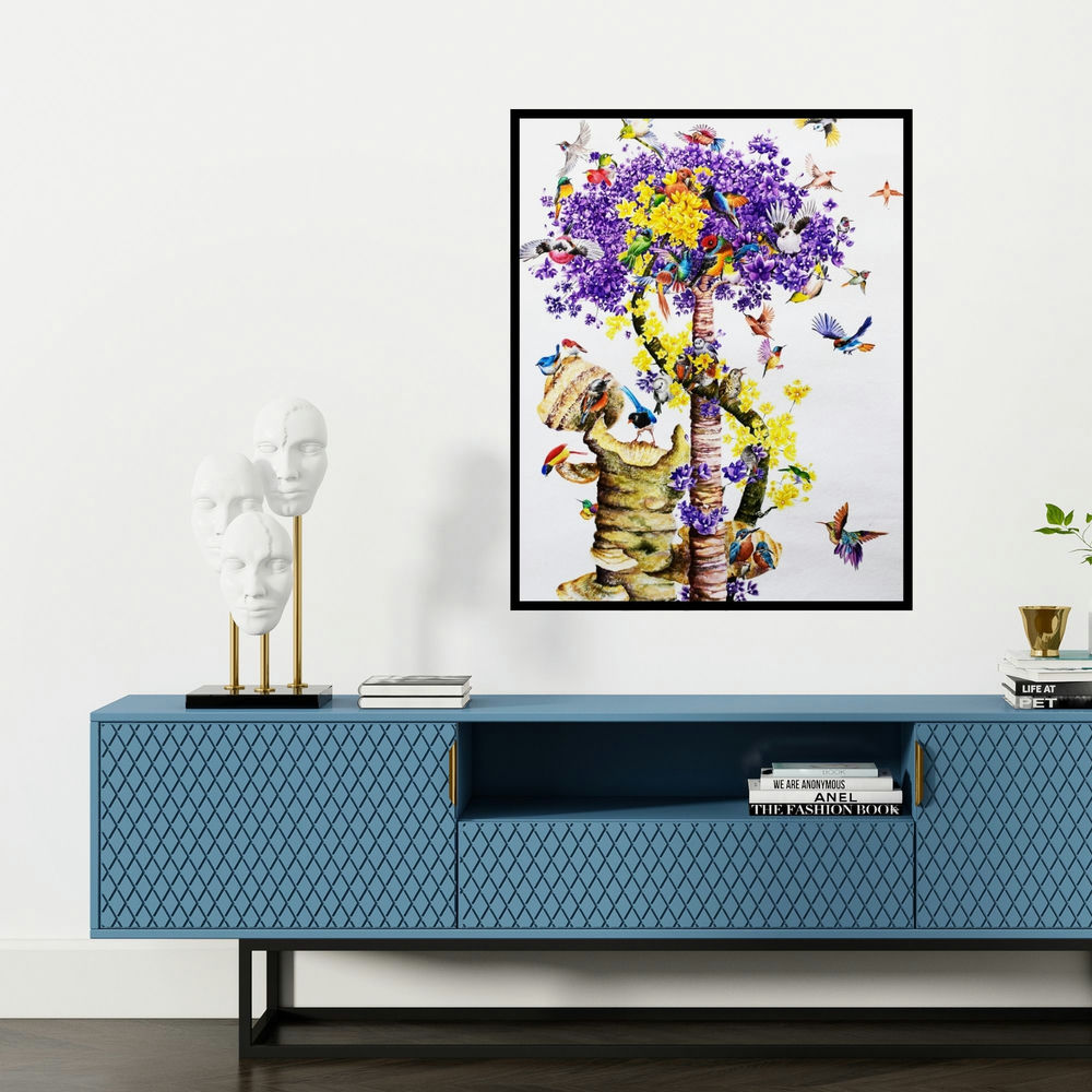 'Untitled 4 (Symphony of Birds)' painting by Bikash Pradhan shown on a wall in a furnished room.