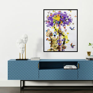 'Untitled 4 (Symphony of Birds)' painting by Bikash Pradhan shown on a wall in a furnished room.