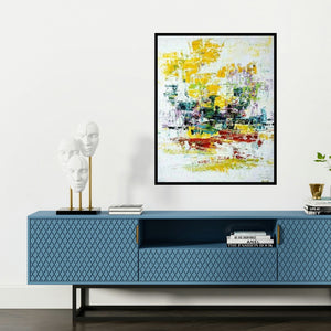 'Untitled 4 (Abstract in Yellow and White)' painting by Kamran Azim shown on a wall in a furnished room.