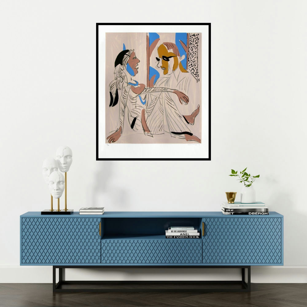 K G Subramanyan's 'Untitled 4 (Couple in Conversation)' painting visualized above a sofa in a contemporary room.