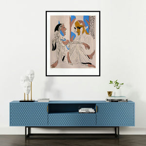 K G Subramanyan's 'Untitled 4 (Couple in Conversation)' painting visualized above a sofa in a contemporary room.