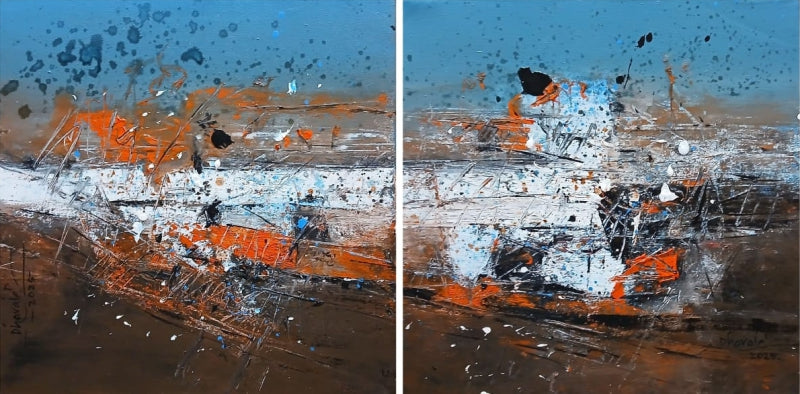 Untitled 4 (Diptych)' abstract acrylic painting by artist Dnyaneshwar Dhavale, 18x36 inch, on canvas