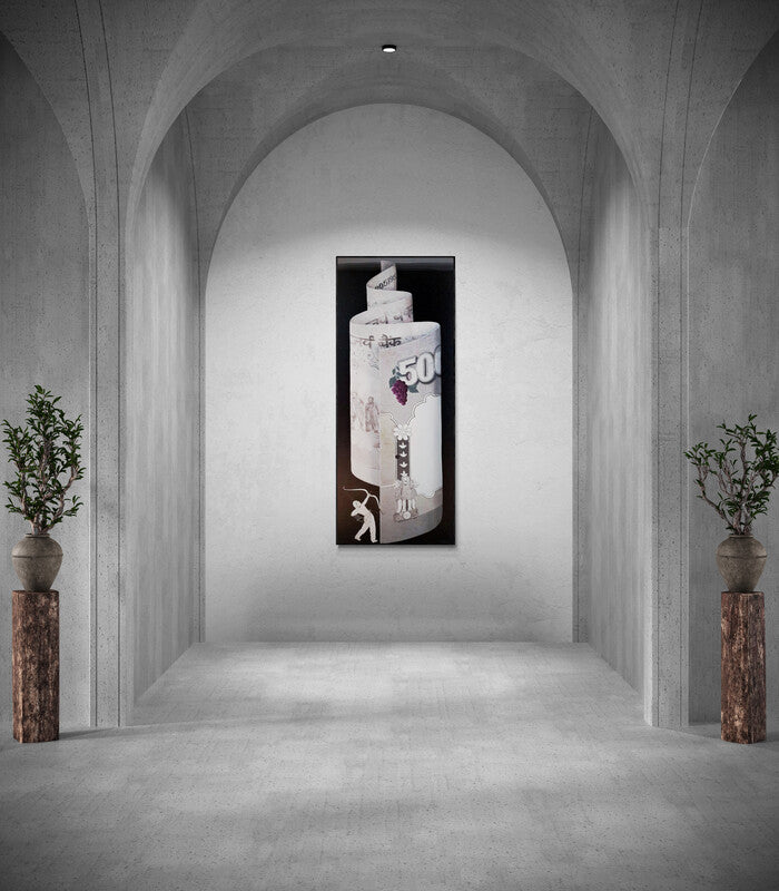 Preview of 'Untitled (The Archer's Aim)' Painting by Thirumala Thirupathi shown on a wall in a furnished room.