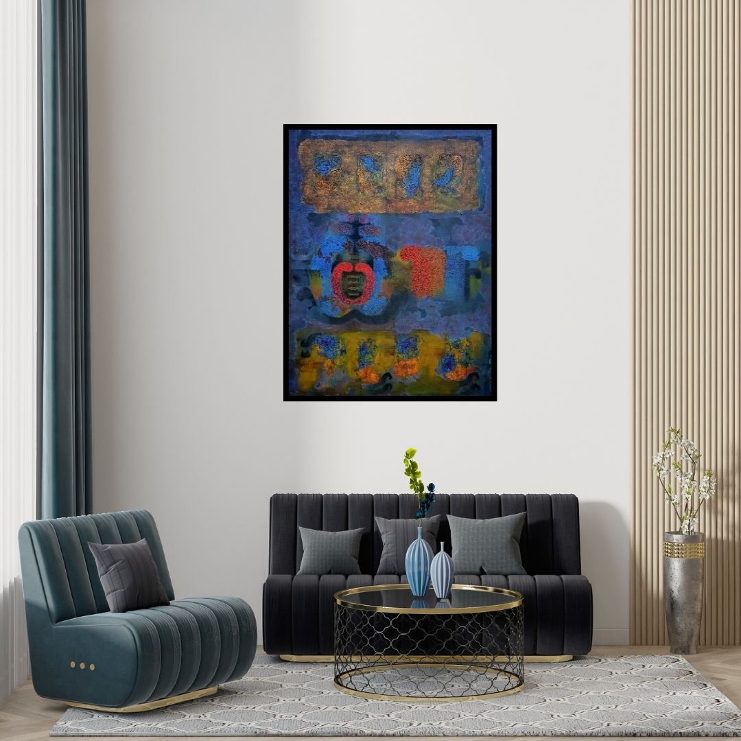 Preview of 'Untitled (The Rhythm of Color)' Painting by Rahul Pawar shown on a wall in a furnished room.
