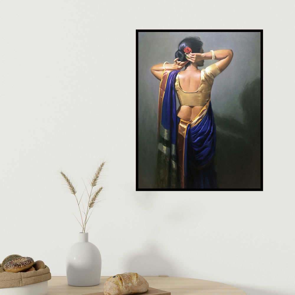 Mahesh Soundatte's 'Untitled (Maharashtran Woman in Saree)' painting visualized above a sofa in a contemporary room.