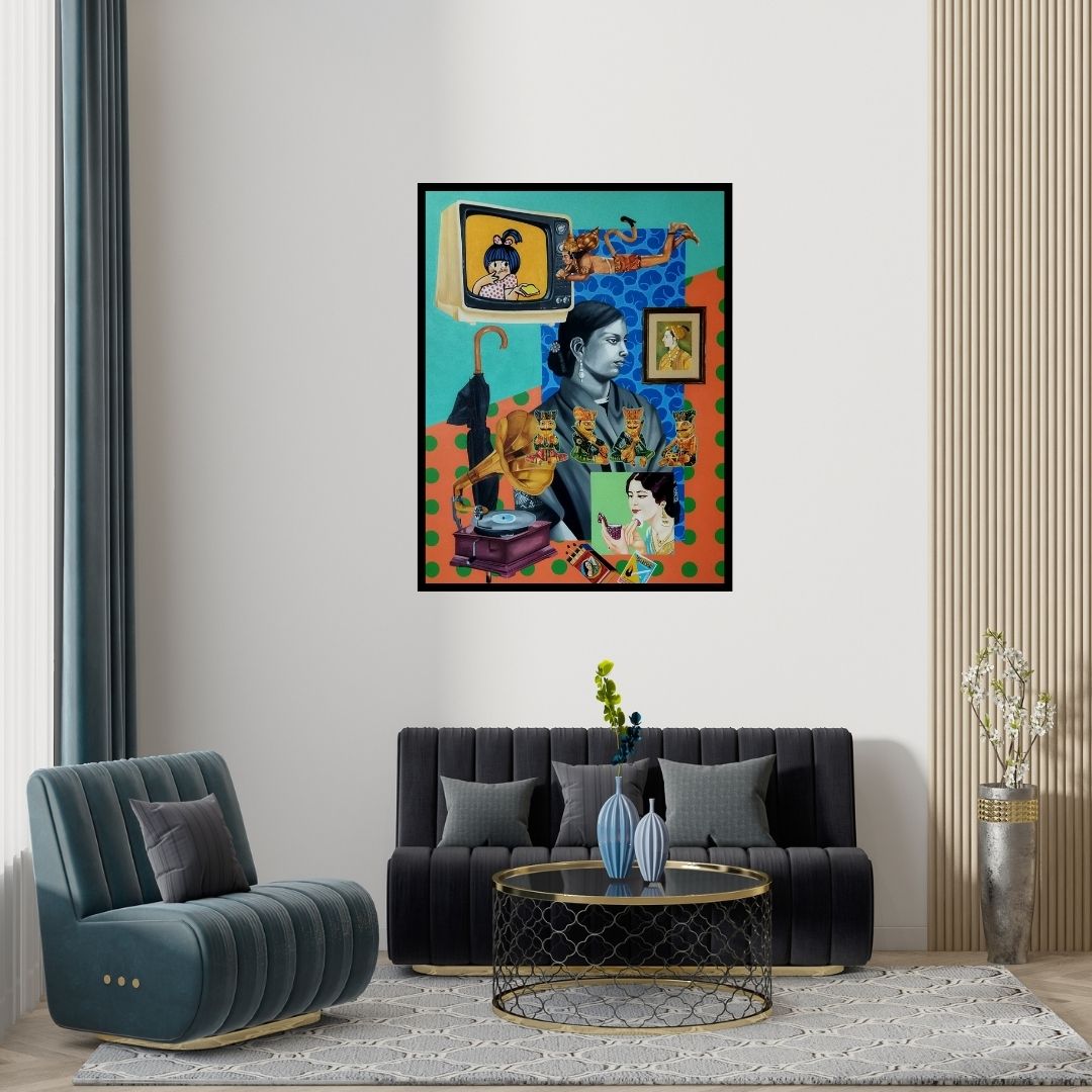 Preview of 'Untitled (Cosmic Tapestry)' Painting by Shrikant Ranga shown on a wall in a furnished room.