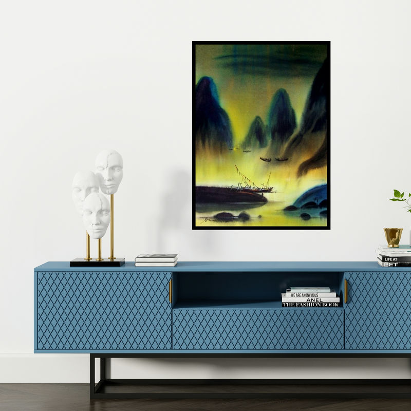 Preview of 'Untitled' Painting by Soumen Saha shown on a wall in a furnished room.