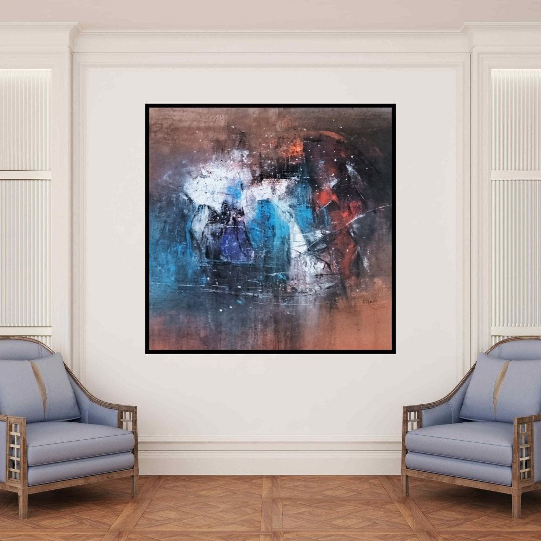 In-situ view of Dnyaneshwar Dhavale's 'Untitled (Cosmic Dance**)' painting in a room