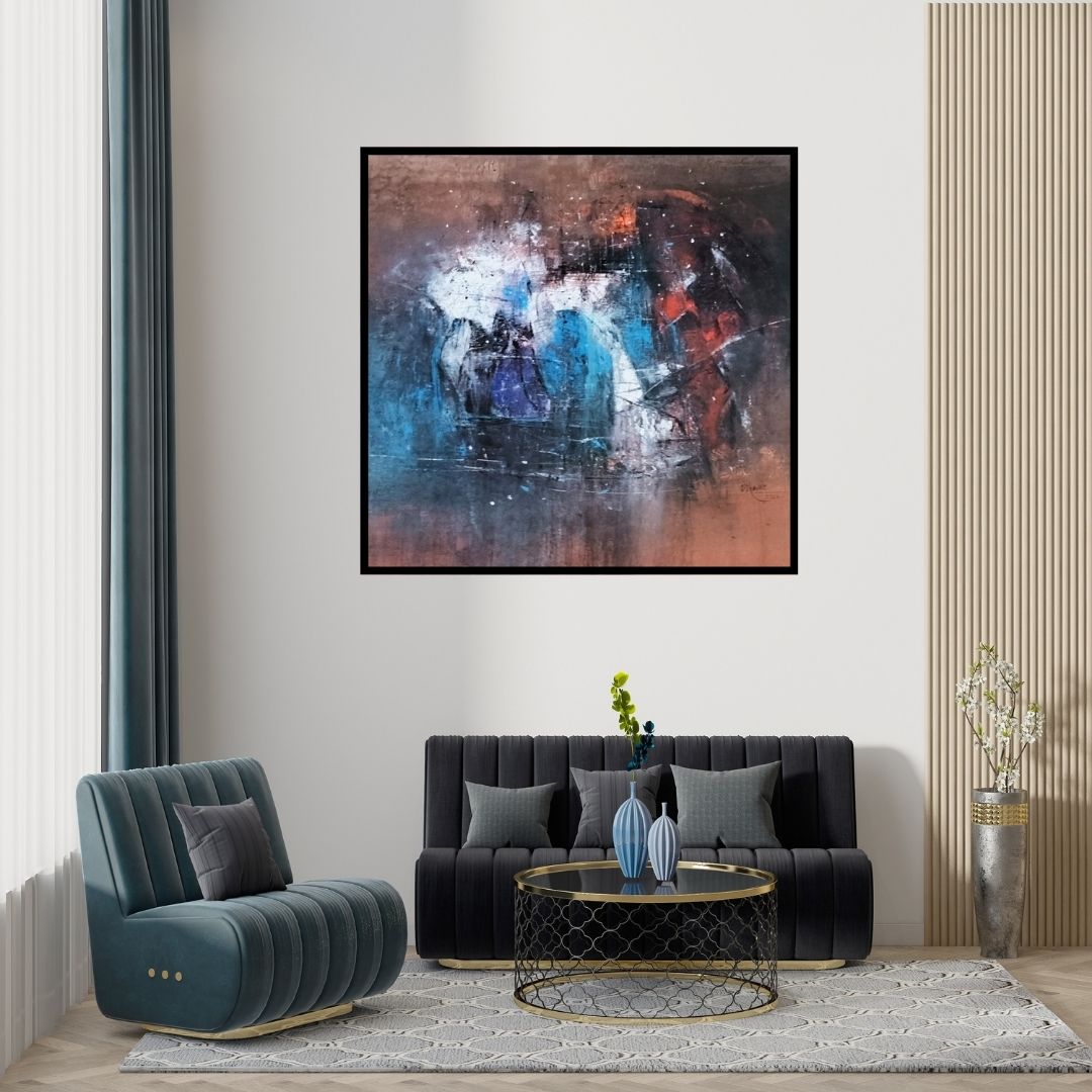 Preview of 'Untitled (Cosmic Dance**)' Painting by Dnyaneshwar Dhavale shown on a wall in a furnished room.