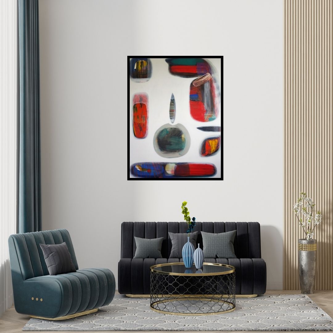 Preview of 'Untitled 44' Painting by Yashwant Pawar shown on a wall in a furnished room.