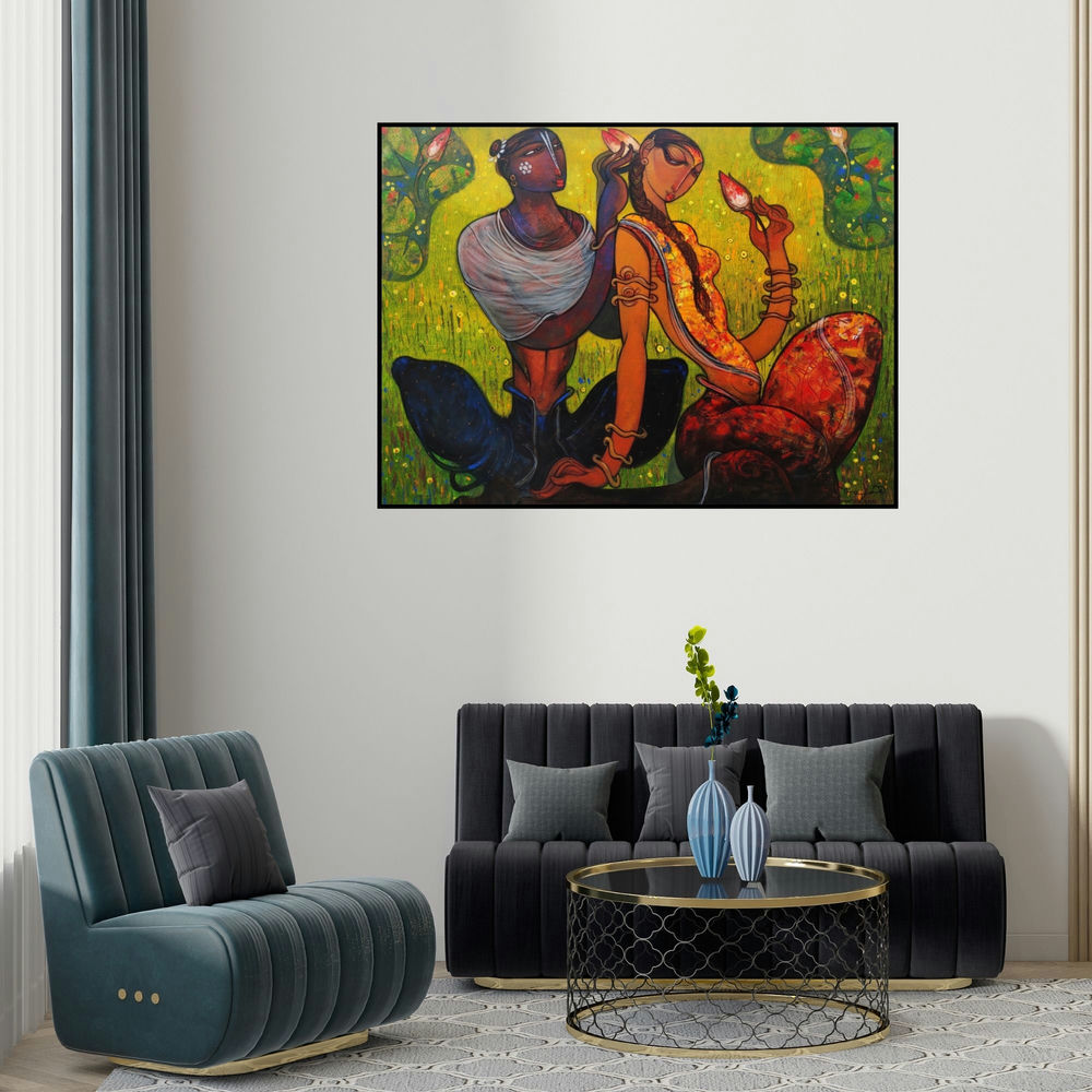 Ramesh Gujar's 'Untitled (Divine Lovers)' painting visualized above a sofa in a contemporary room.