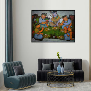 Ramesh Gujar's 'Untitled (Krishna Feeding the Gopis)' painting visualized above a sofa in a contemporary room.