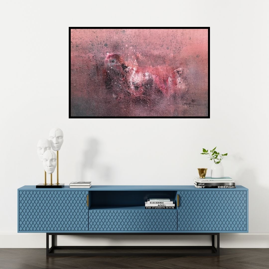 Preview of 'Untitled' Painting by Dnyaneshwar Dhavale shown on a wall in a furnished room.