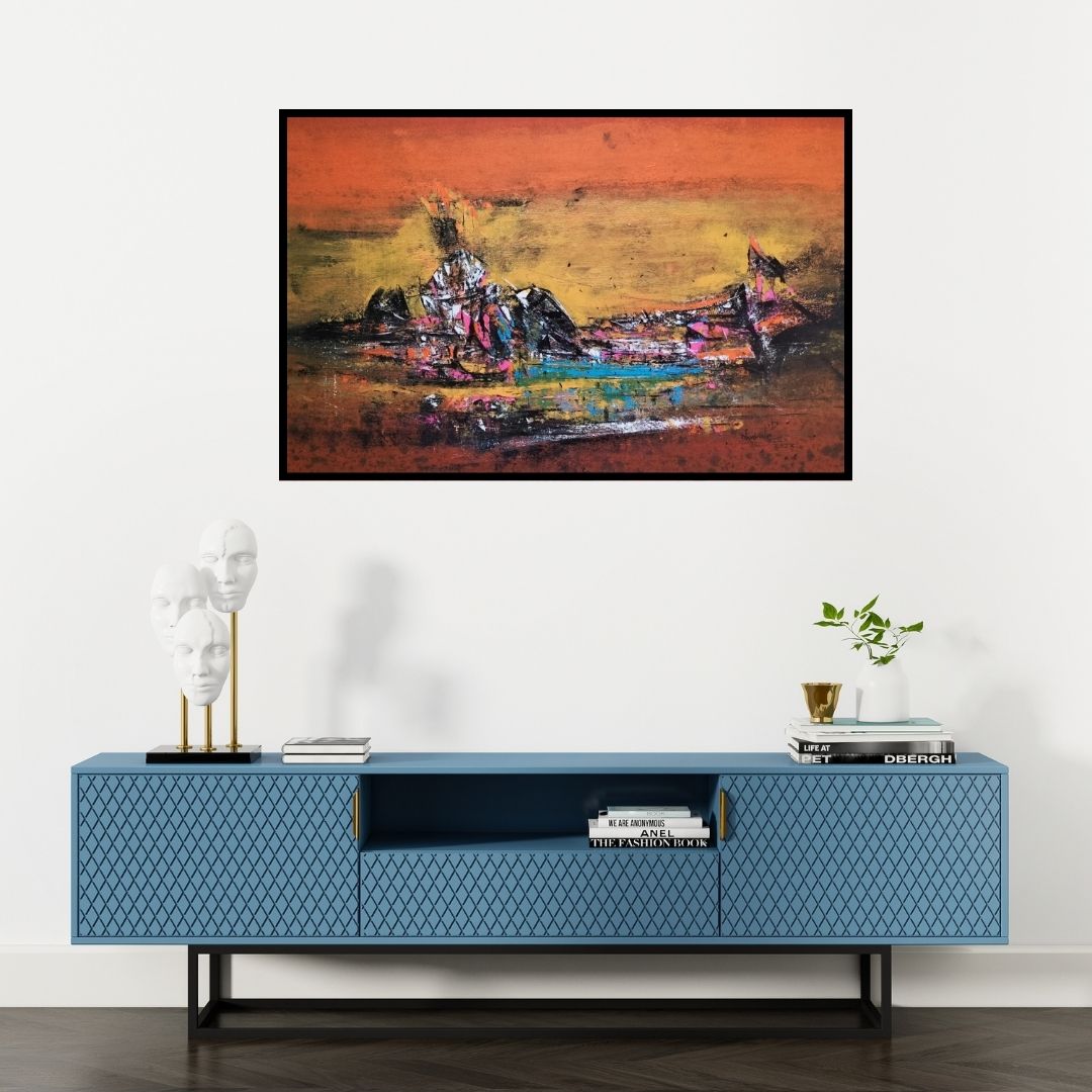 Preview of 'Untitled' Painting by Dnyaneshwar Dhavale shown on a wall in a furnished room.