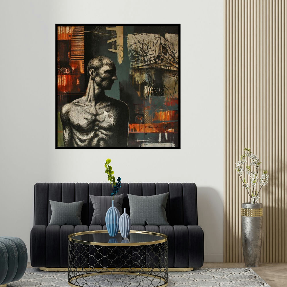 Palash Halder's 'Untitled' painting visualized above a sofa in a contemporary room.