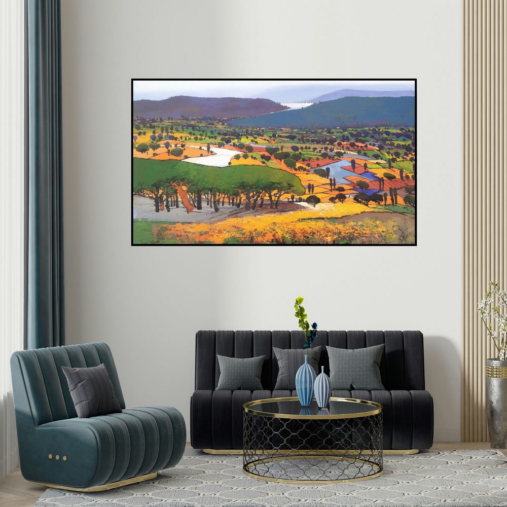 Hari Dhongade's 'Untitled (Verdant Hills)' painting visualized above a sofa in a contemporary room.