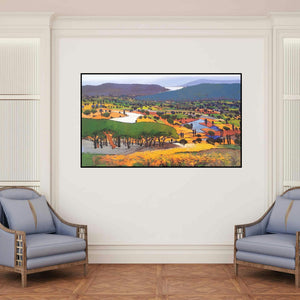 'Untitled (Verdant Hills)' painting by Hari Dhongade shown on a wall in a furnished room.