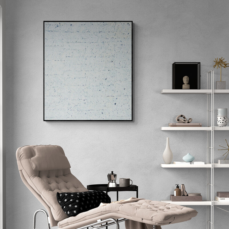 Anil Tagad's painting 'Untitled 49 (Winter Whispers)' displayed in a modern living room setting