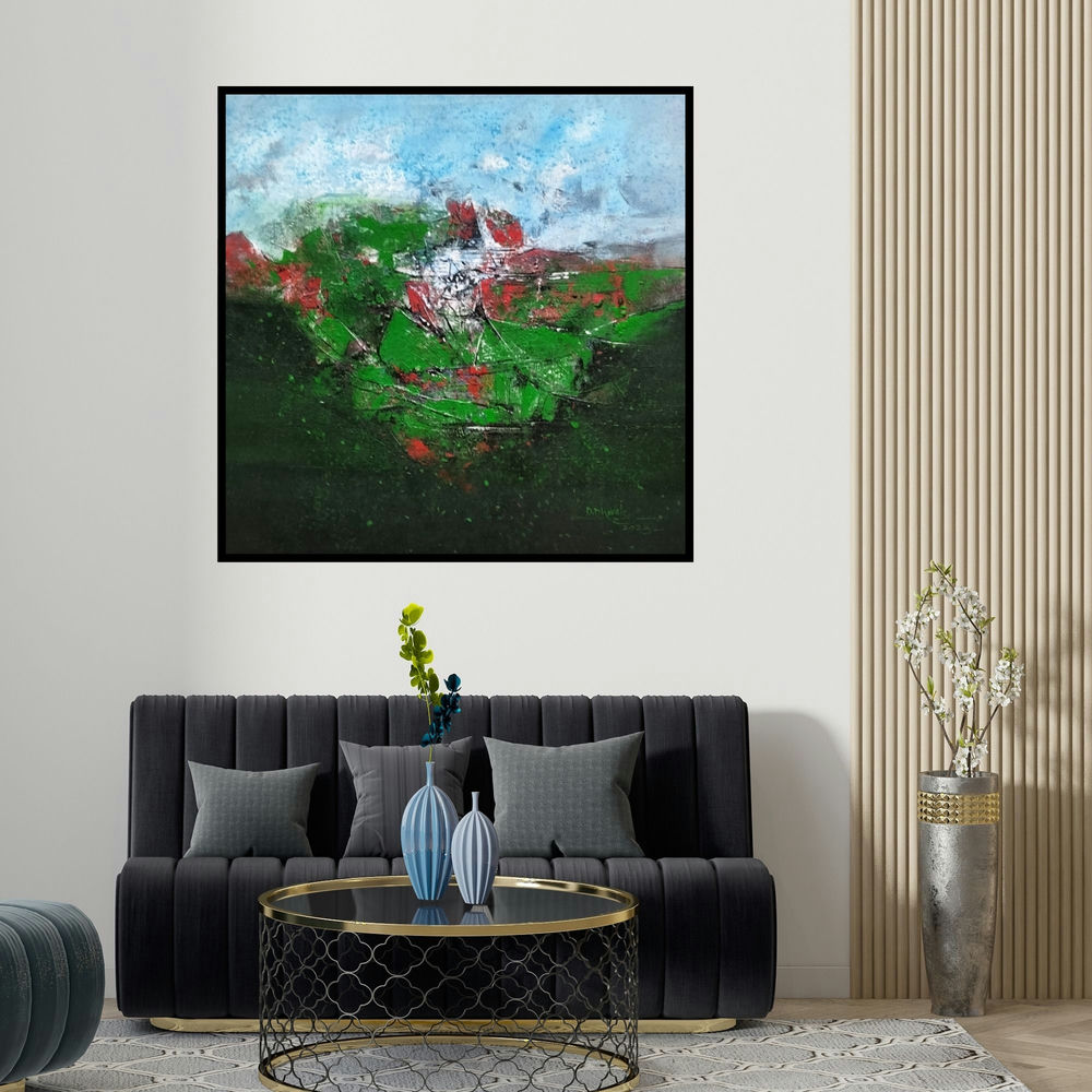 Dnyaneshwar Dhavale's 'Untitled (Lush Green Landscape)' painting visualized above a sofa in a contemporary room.