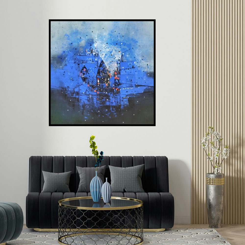 Dnyaneshwar Dhavale's 'Untitled (Blue Nocturne)' painting visualized above a sofa in a contemporary room.