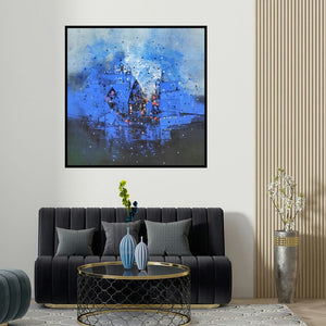 Dnyaneshwar Dhavale's 'Untitled (Blue Nocturne)' painting visualized above a sofa in a contemporary room.