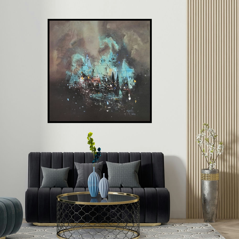 Dnyaneshwar Dhavale's 'Untitled (Mystic Harbor)' painting visualized above a sofa in a contemporary room.