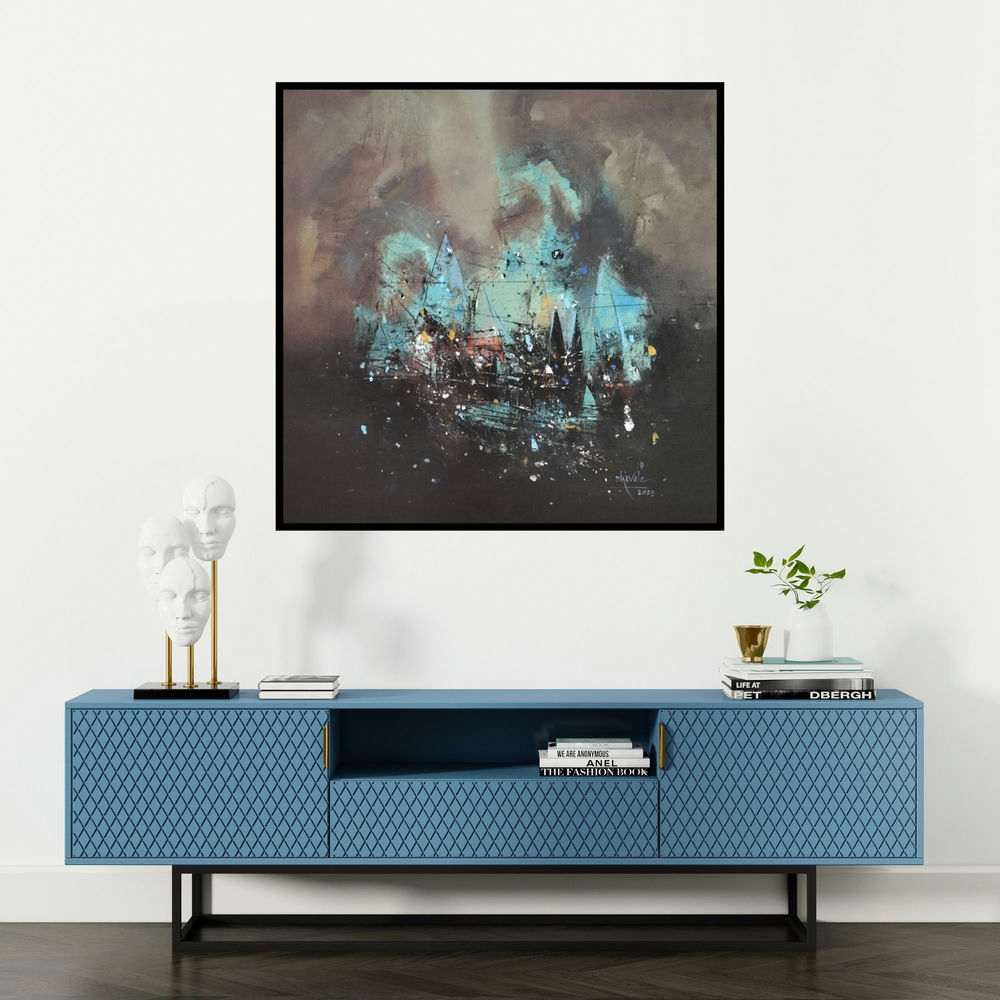 'Untitled (Mystic Harbor)' painting by Dnyaneshwar Dhavale shown on a wall in a furnished room.