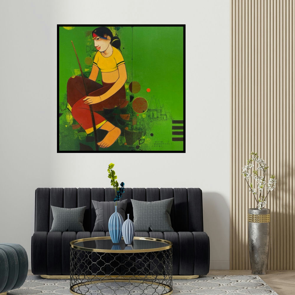 Anand Panchal's 'Untitled 5' painting visualized above a sofa in a contemporary room.